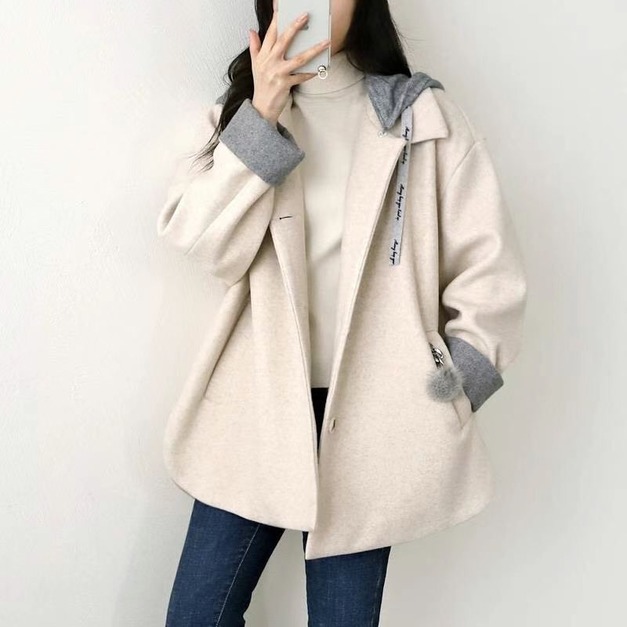 正韓-質感連帽毛尼球球外