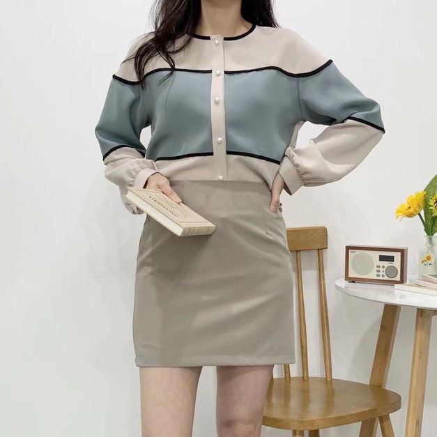 正韓-色塊拼接雪紡衫