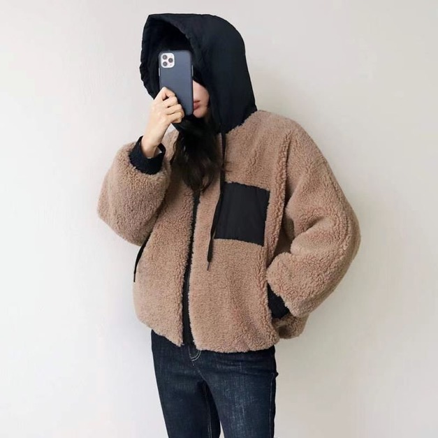 正韓-連帽羔毛口袋外