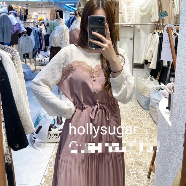 正韓-蕾絲拼接雪紡洋