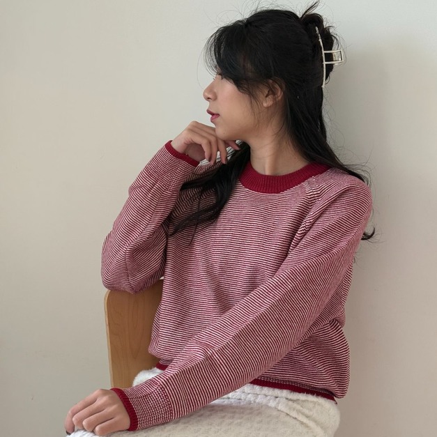 紅色圓領條紋tee LS18