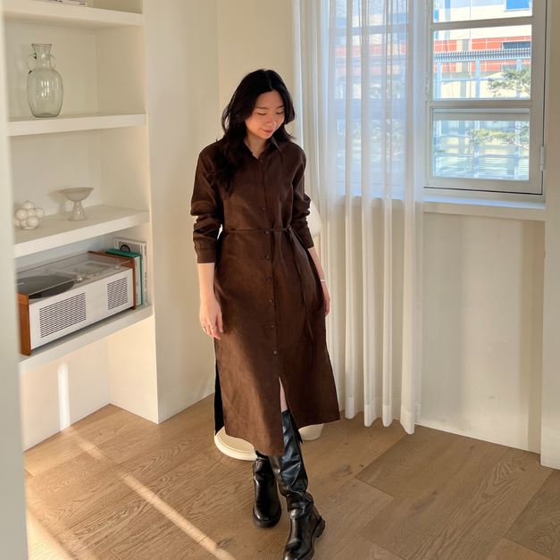 霧棕襯衫長洋裝 DR09