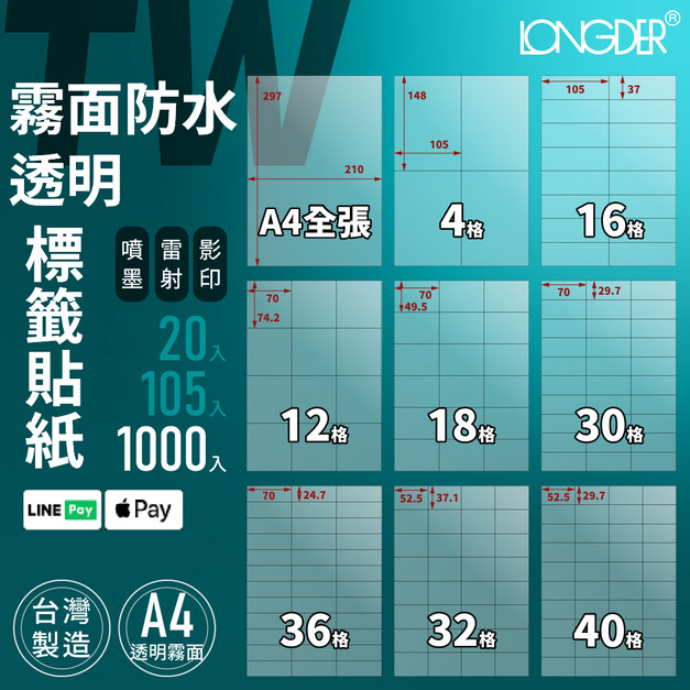 TW型｜A4霧面防水透明標籤貼 1000張入/箱