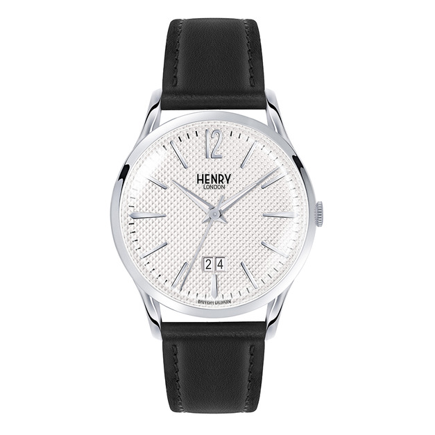 HENRY LONDON  銀白菱格面黑色真皮革錶(HL41-JS-0021)