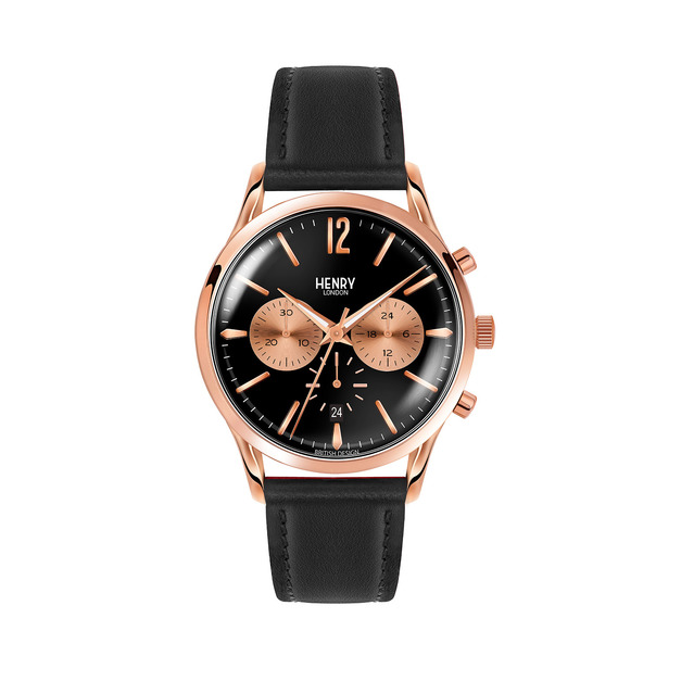 HENRY LONDON  復古黑面玫瑰金框黑色真皮計時碼錶(HL41-CS-0042)
