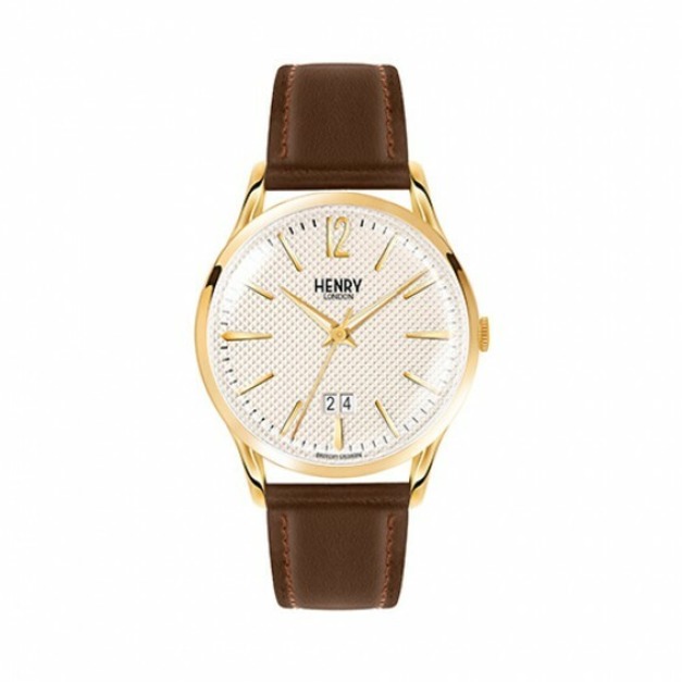 HENRY LONDON  經典白面棕色真皮革錶