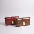 真皮復古亮面小方包 側肩包 斜背包 -棕/紅