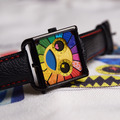 HappieWatch | 立體個性彩虹花朵 - 方形黑框 黑色皮革腕錶 BJLS67_6