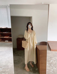 純棉長款居家連身睡衣 (4色)（粉/杏現貨）