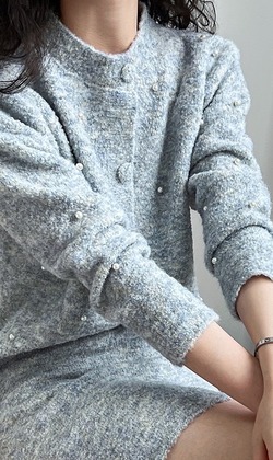 羊毛針織珍珠套裝 2色 （只剩藍色現貨）