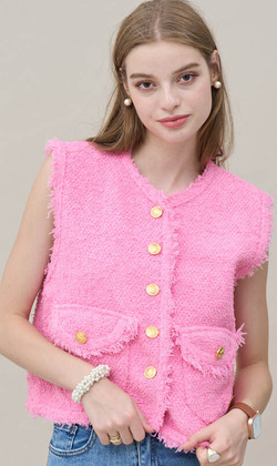 法式毛邊小香風背心 4色（ 只剩粉色現貨）