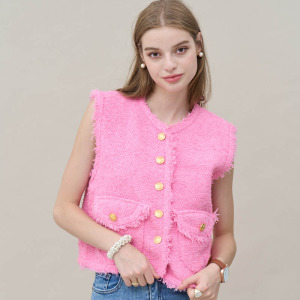 法式毛邊小香風背心 4色（ 只剩粉色現貨）