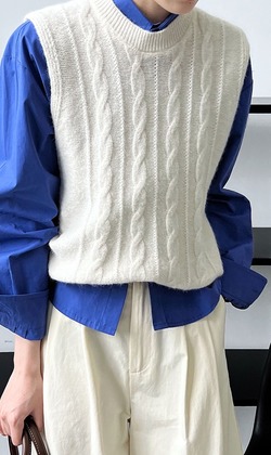 綿羊絨圓領麻花背心 3色（只剩白現貨）