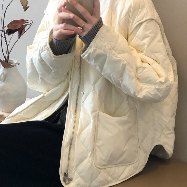 白鴨絨無領菱格保暖外套 3色 （白現貨）