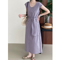圓領收腰綁帶洋裝 2色（紫現貨）