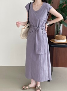 圓領收腰綁帶洋裝 2色（紫現貨）