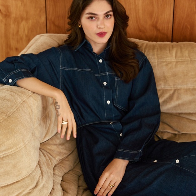 丹寧長袖綁腰洋裝(現貨）