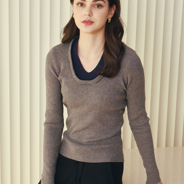 撞色氣質修身假兩件上衣 （只剩灰現貨）