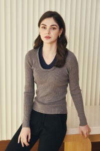 撞色氣質修身假兩件上衣 （只剩灰現貨）