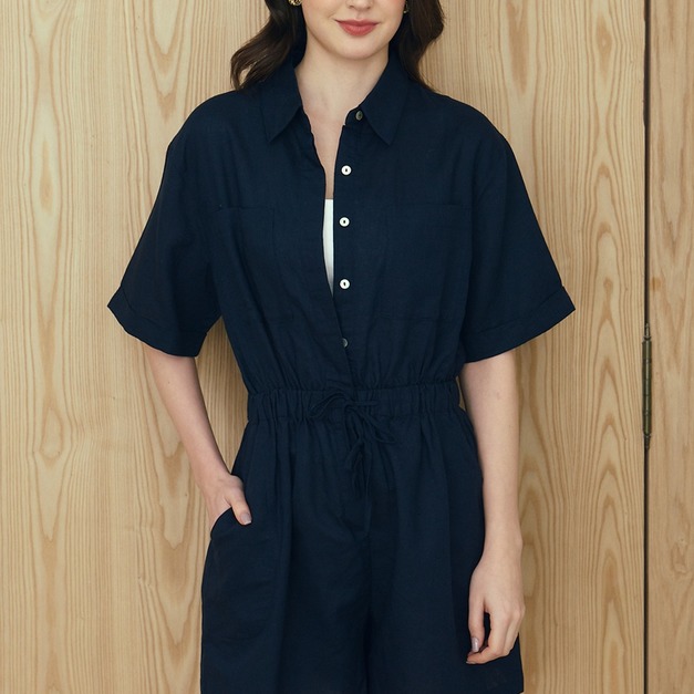 亞麻短袖連身褲 （現貨）