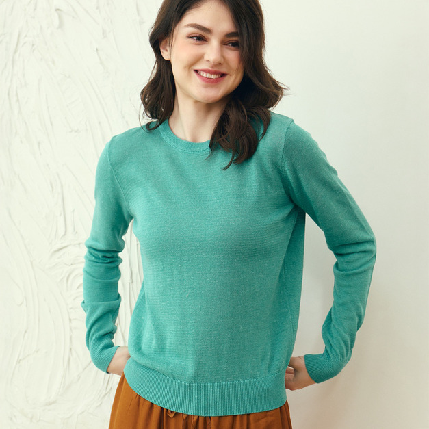 天爽亞麻圓領長袖 3色（湖水綠現貨）