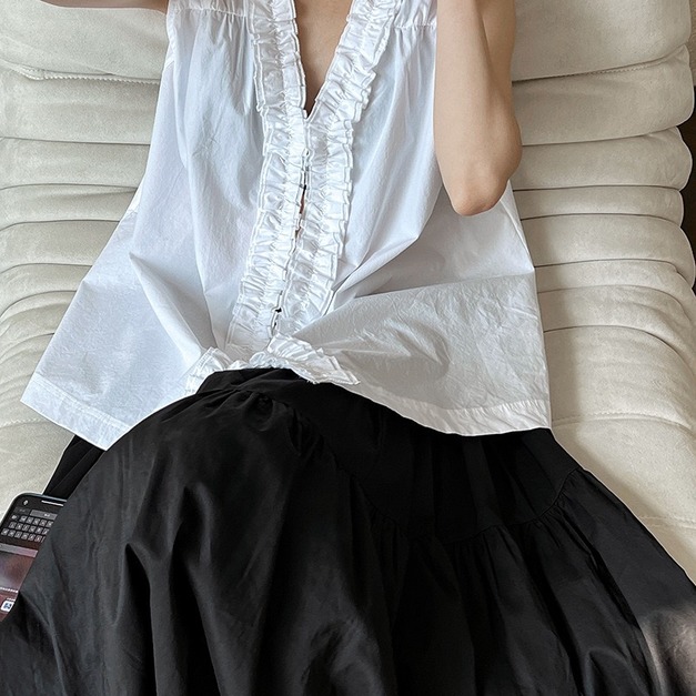 純棉雙面穿荷葉v領上衣 2色 （現貨）