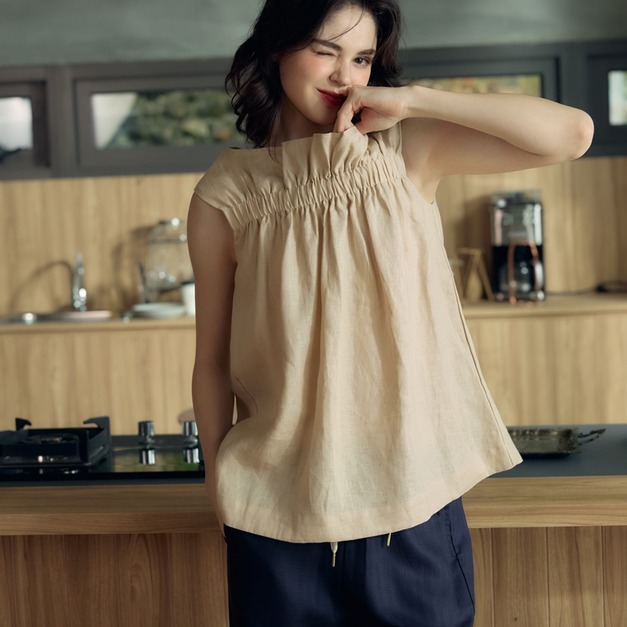 頂級亞麻打褶上衣 2色 （現貨）