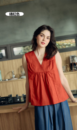 比佛利亞麻Ｖ領無袖上衣 4色（現貨）