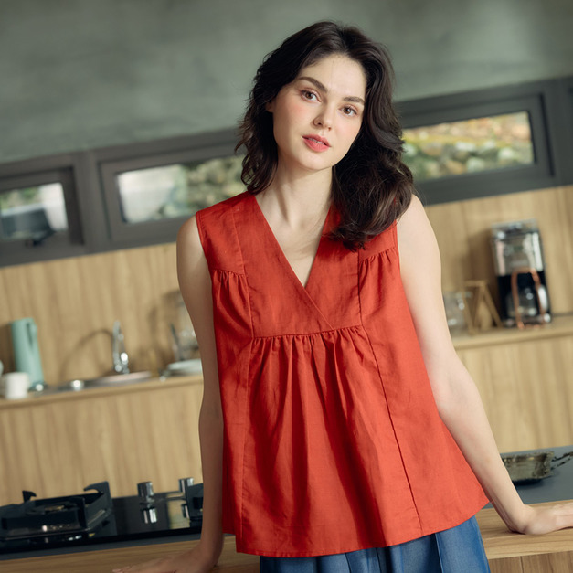 比佛利亞麻Ｖ領無袖上衣 4色（現貨）