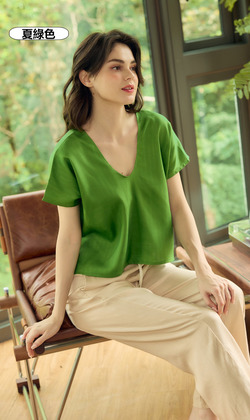 亞麻天絲Ｖ領上衣 3色（只剩綠現貨）
