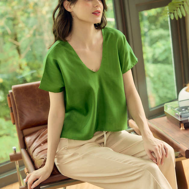 亞麻天絲Ｖ領上衣 3色（只剩綠現貨）