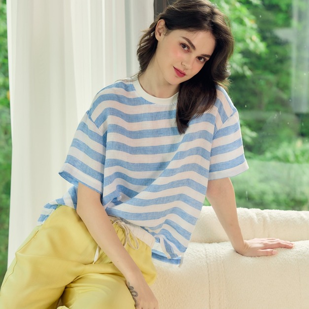 亞麻沙灘橫條上衣 （現貨）