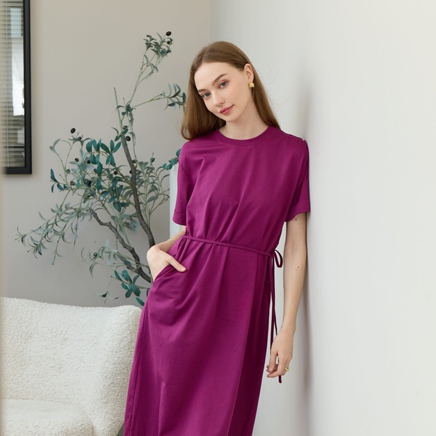 機能棉素色綁腰長裙 2色（現貨）