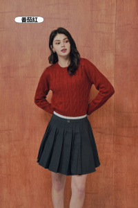 原色麻花圓領毛衣 3色（灰/紅現貨）