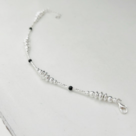 ｜純銀手鏈925｜執手 &bull; 黑色天然石珠珠 手鍊素鏈銀鏈珠鏈 單只販售