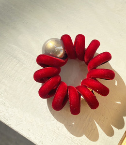 ｜髮圈｜染霜 ‧ 珍珠紅色電話圈 單只販售(精緻氣質)