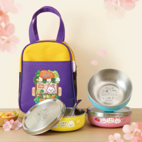 客製化三色碗+碗袋 兔兔蔬果店【不鏽鋼碗蓋】