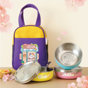 客製化三色碗+碗袋 喵喵甜點店【不鏽鋼碗蓋】