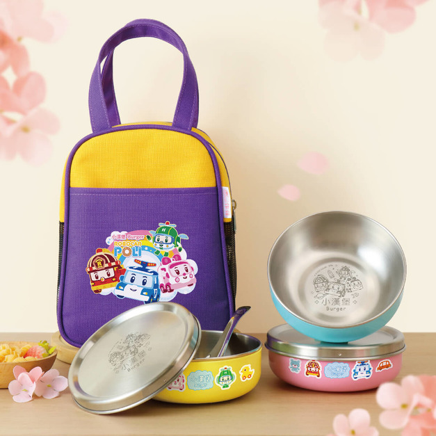客製化三色碗+碗袋 獨家聯名救援小英雄【彩虹車車】(不鏽鋼碗蓋)