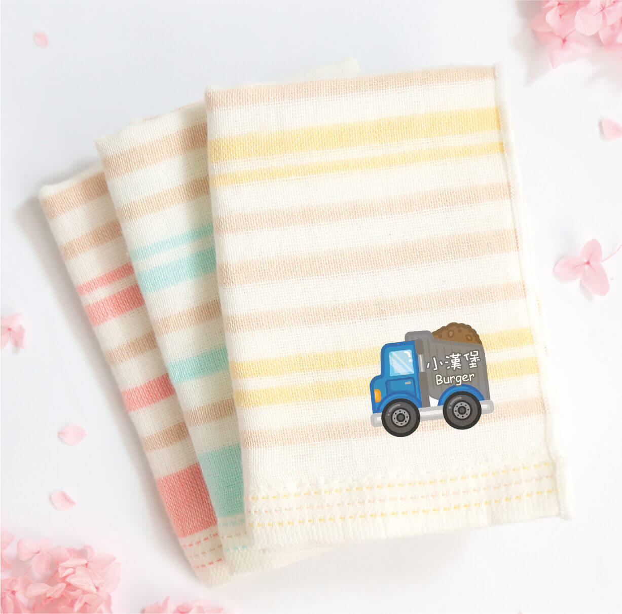 MIT燙印手帕紗布巾【砂石車】一組3入