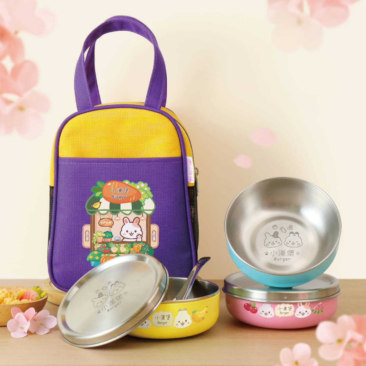 客製化三色碗+碗袋 兔兔蔬果店(不鏽鋼碗蓋)