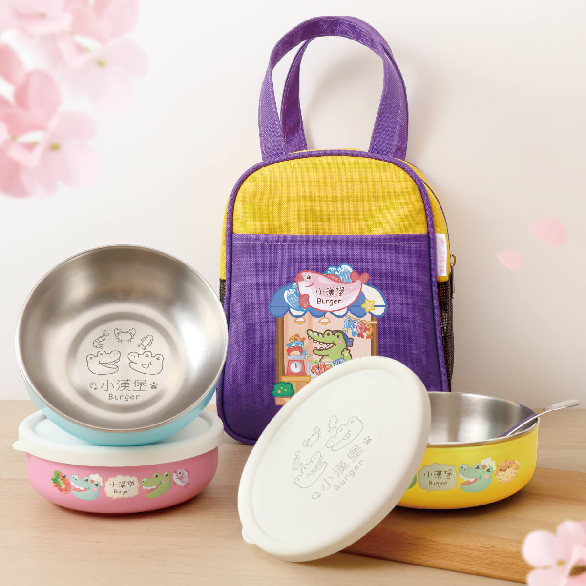 客製化三色碗+碗袋 萌鱷海鮮店【矽膠碗蓋】