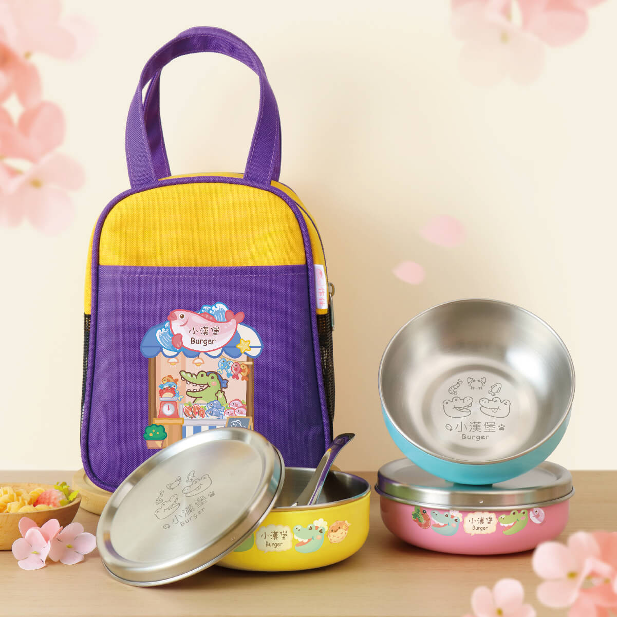 客製化三色碗+碗袋 萌鱷海鮮店(不鏽鋼碗蓋)