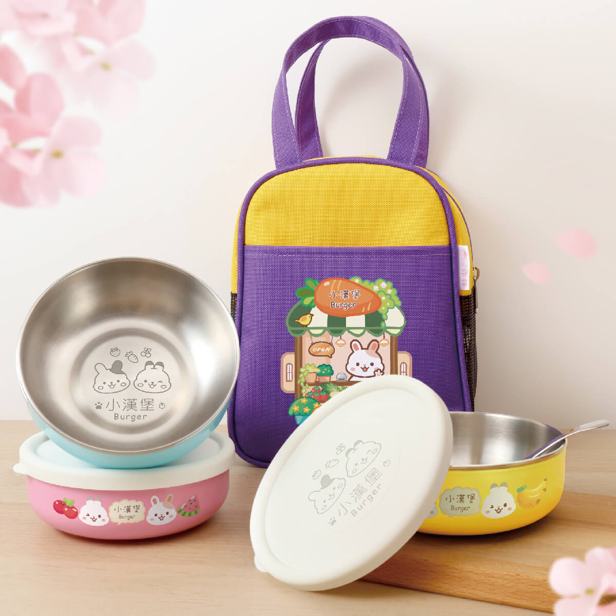 客製化三色碗+碗袋 兔兔蔬果店【矽膠碗蓋】