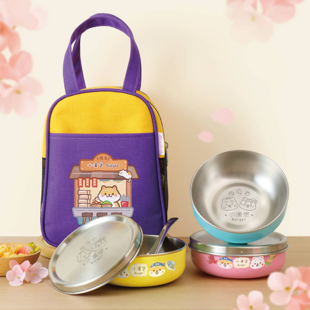 客製化三色碗+碗袋 柴柴便當店【不鏽鋼碗蓋】