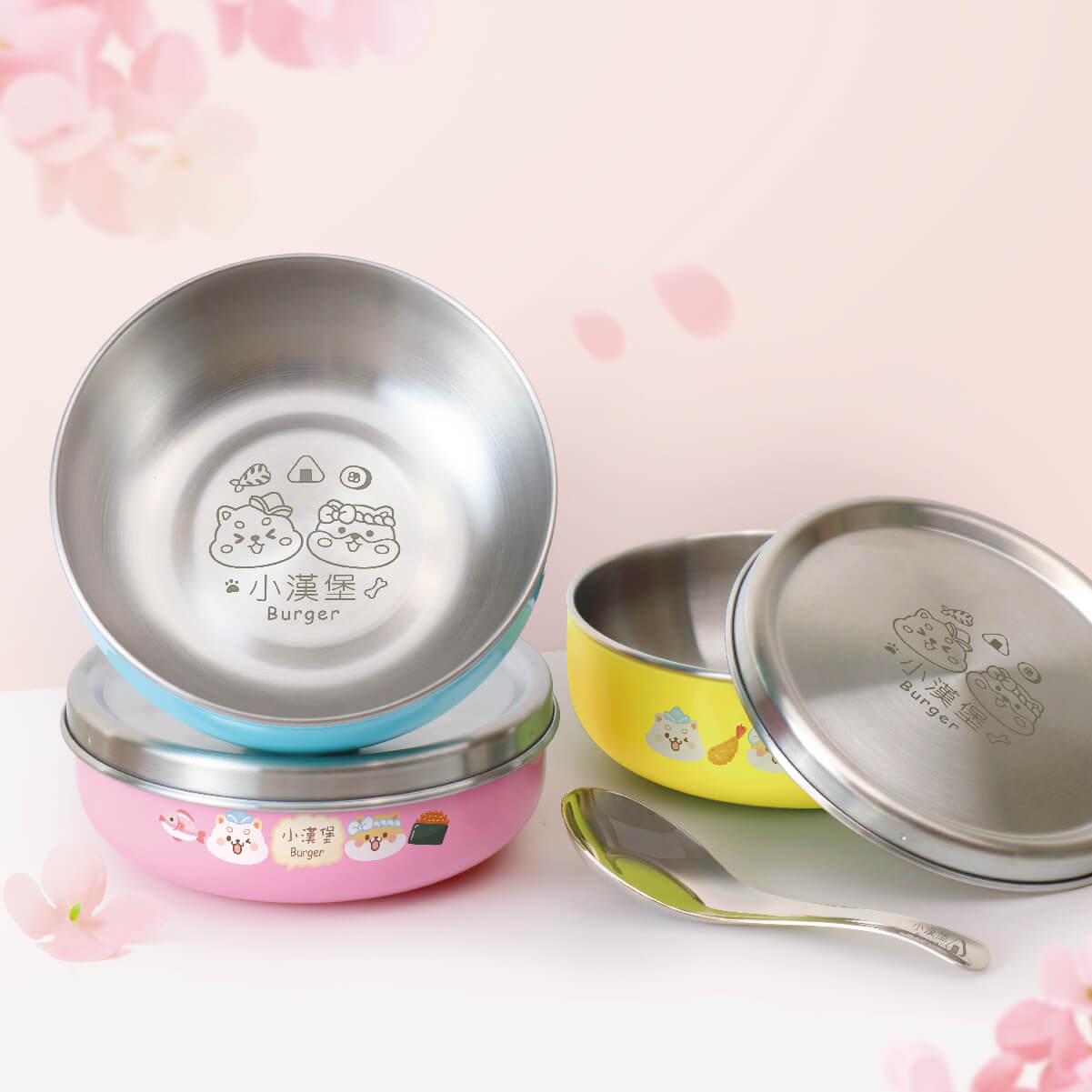 客製化繽紛三色碗 幸福飯糰【柴犬+白柴】不鏽鋼碗蓋