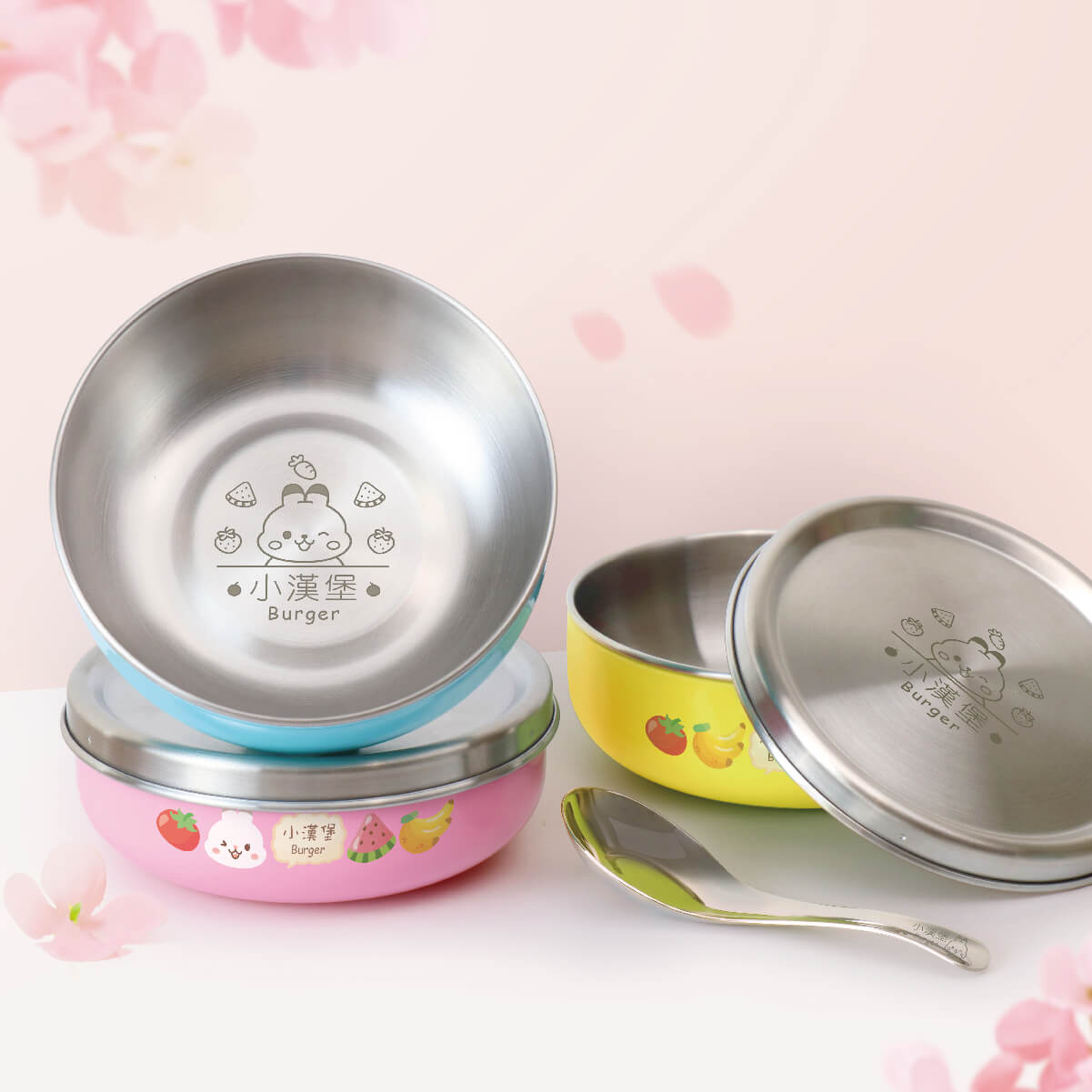 客製化繽紛三色碗 兔兔蔬果店【草莓兔】不鏽鋼碗蓋
