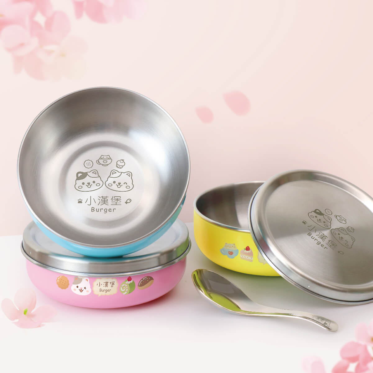 客製化繽紛三色碗 喵喵甜點店【廚師貓+甜點貓】不鏽鋼碗蓋