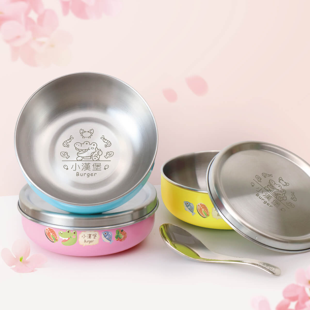 客製化繽紛三色碗 萌鱷海鮮店【鱷魚店長】不鏽鋼碗蓋