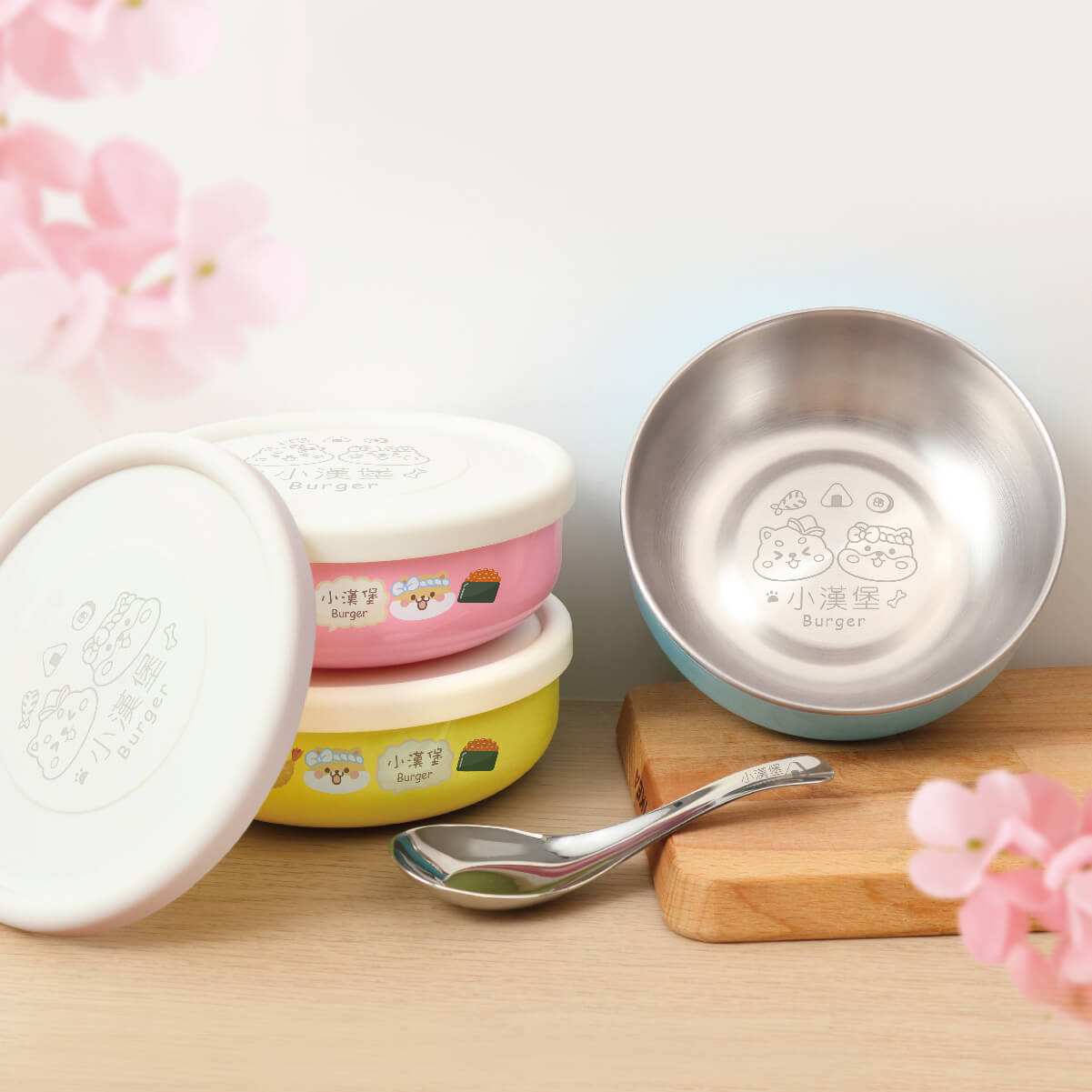 客製化繽紛三色碗 幸福飯糰【柴犬+白柴】矽膠碗蓋